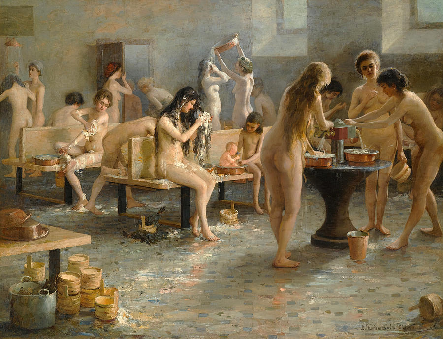 In the bath house Painting by Vladimir Alexandrovich Plotnikov