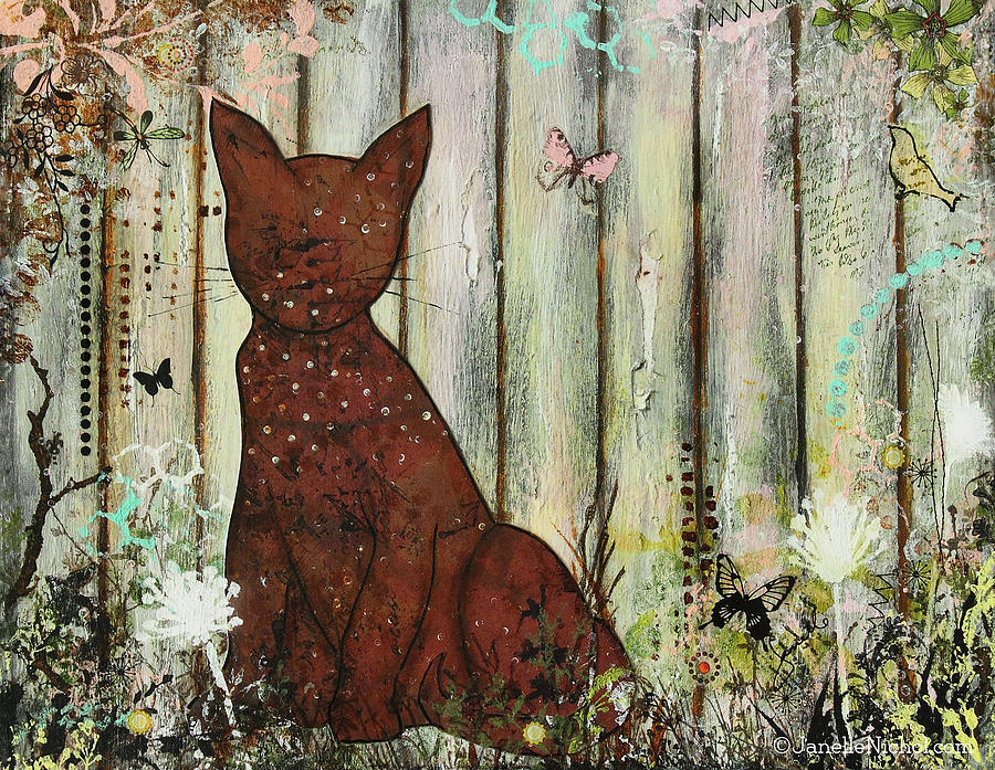 Flower Mixed Media - In The Garden Abstract Folk art painting of a Cat by Janelle Nichol