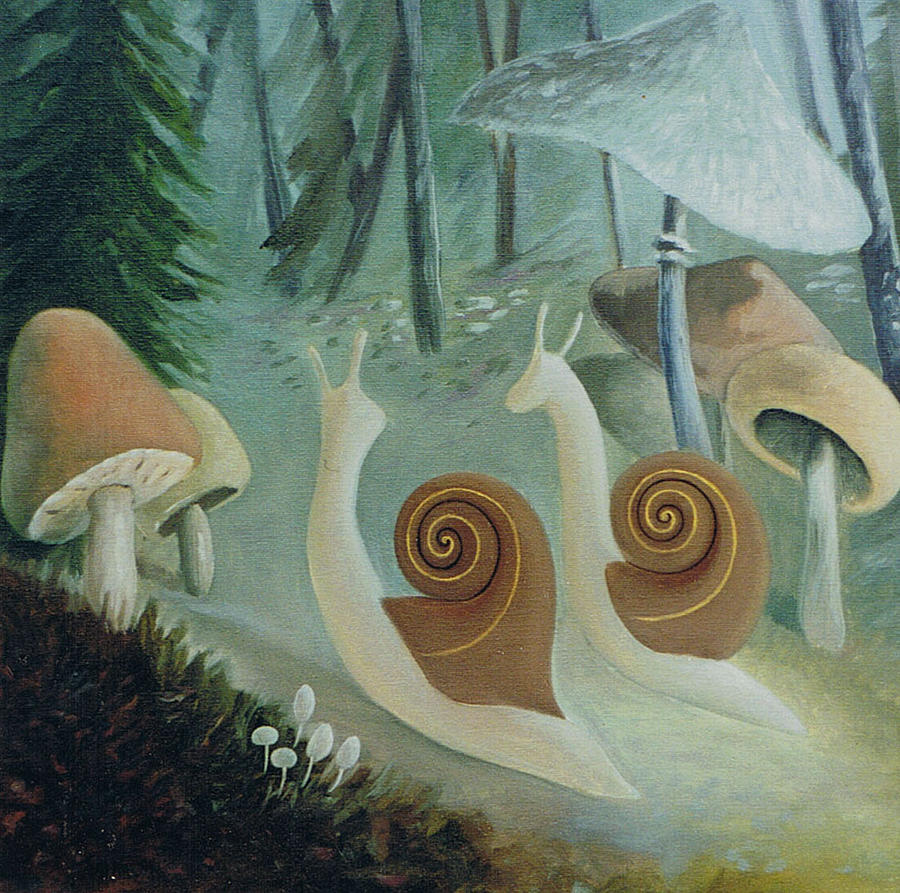 Mushroom Forest Fantasy Landscape Upstairs Small Original Art Fungus Plants Yellow Sky Spores Pollen Mountains Acrylics Painting