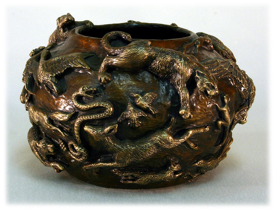 Wildlife Sculpture - In The Wild - Bronze Bowl with Mountain Lion by Dawn Senior-Trask