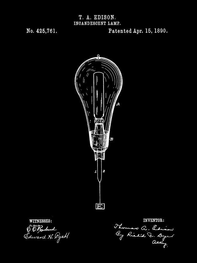 Thomas Edison Incandescent Lamp Patent 1890 - Black Digital Art by Stephen Younts
