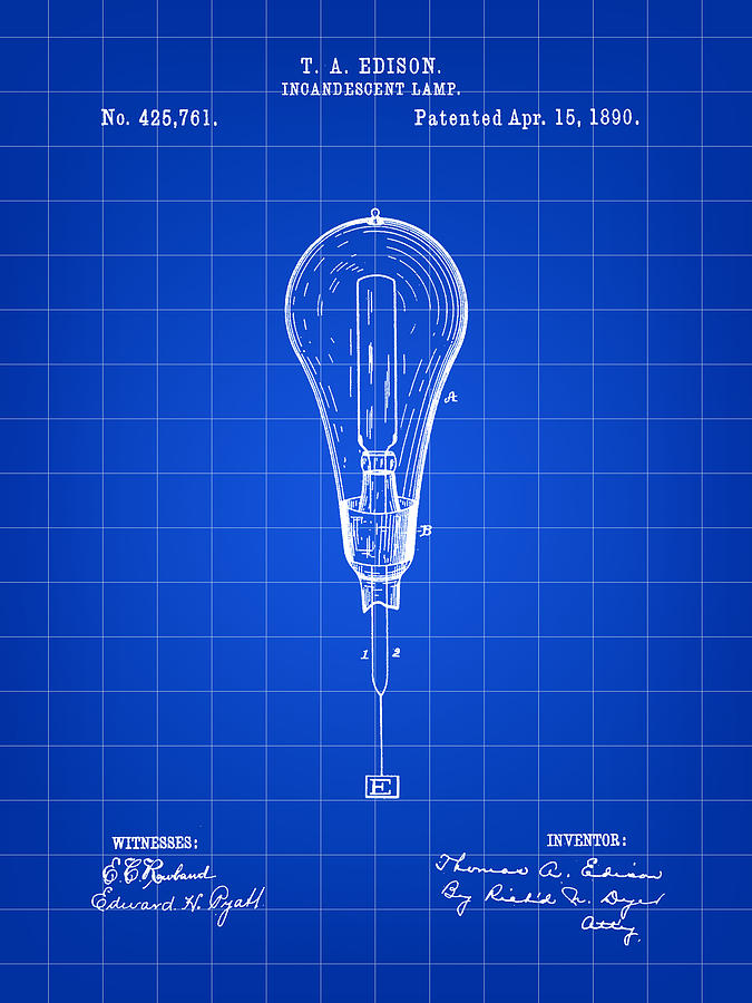 Thomas Edison Incandescent Lamp Patent 1890 - Blue Digital Art by Stephen Younts