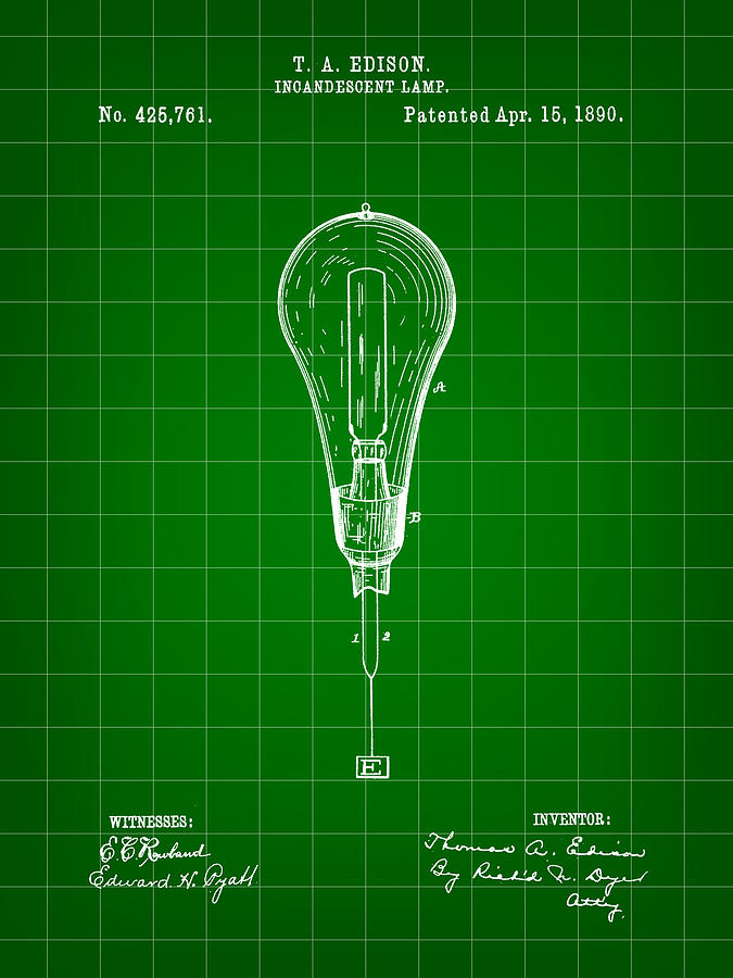 Thomas Edison Incandescent Lamp Patent 1890 - Green Digital Art by Stephen Younts