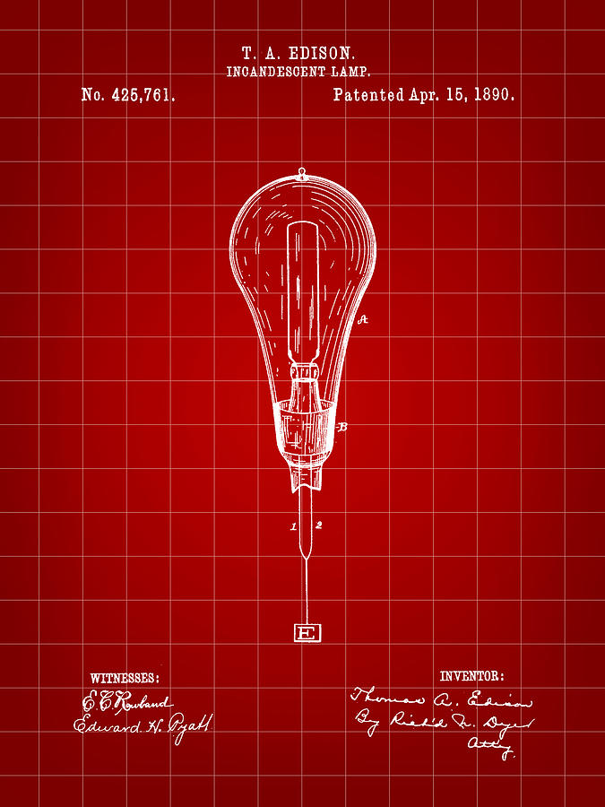 Thomas Edison Incandescent Lamp Patent 1890 - Red Digital Art by Stephen Younts