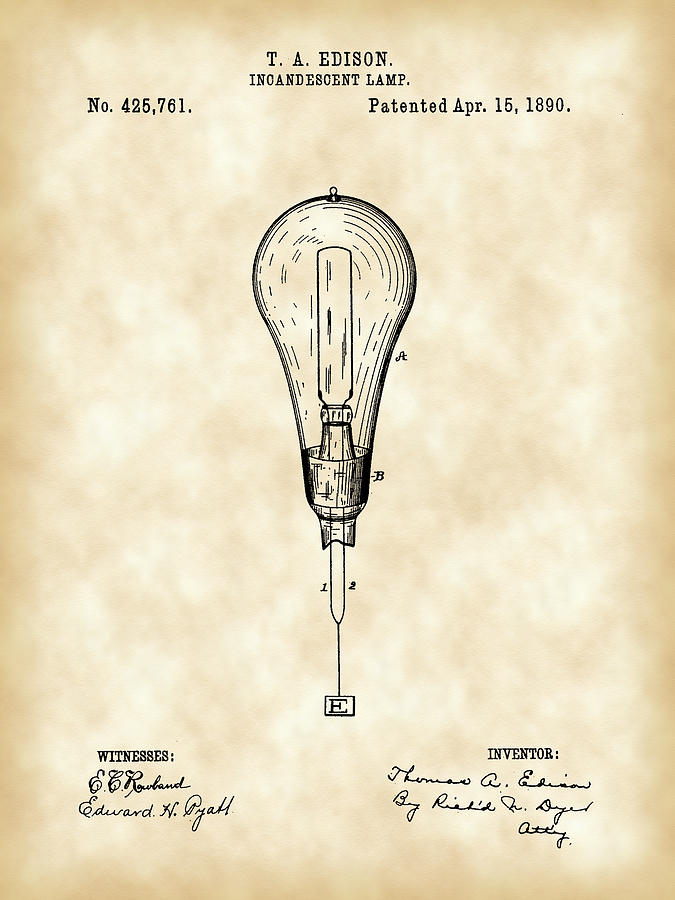 Thomas Edison Incandescent Lamp Patent 1890 - Vintage Digital Art by Stephen Younts