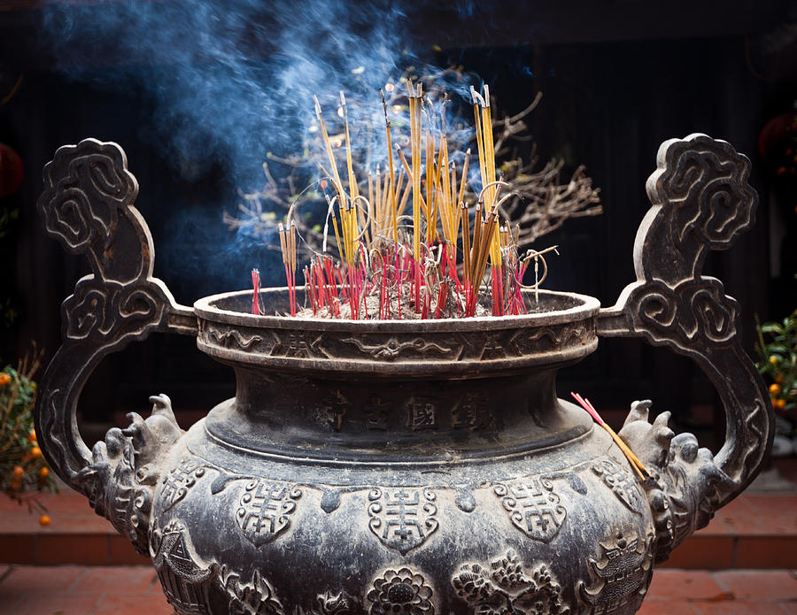 Incense Sticks Burn In Large Ceremonial Temple Urn Photograph by Jo Ann Tomaselli