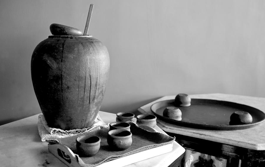 Black And White Photograph - Indeginous craft of earthern ware display by Kantilal Patel