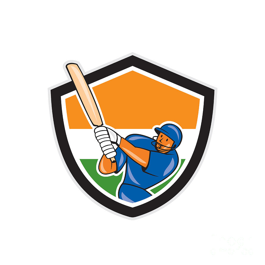 India Cricket Player Batsman Batting Shield Cartoon Digital Art By