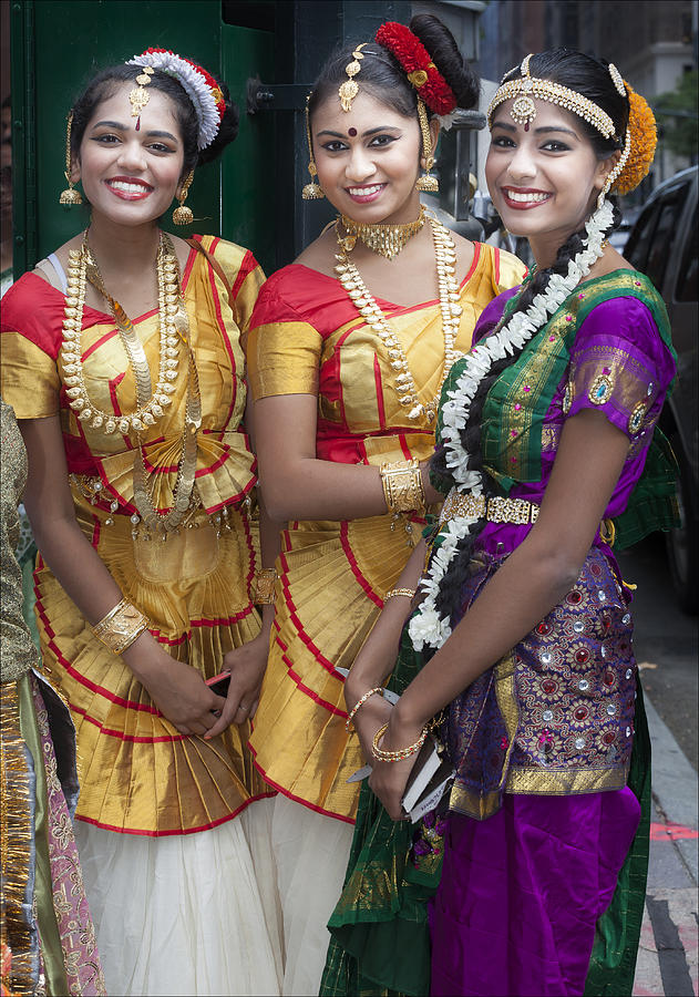 Traditional Dress Photograph - India Day Parade NYC 08 17 14 Three Girls in Traditional Dress by Robert Ullmann