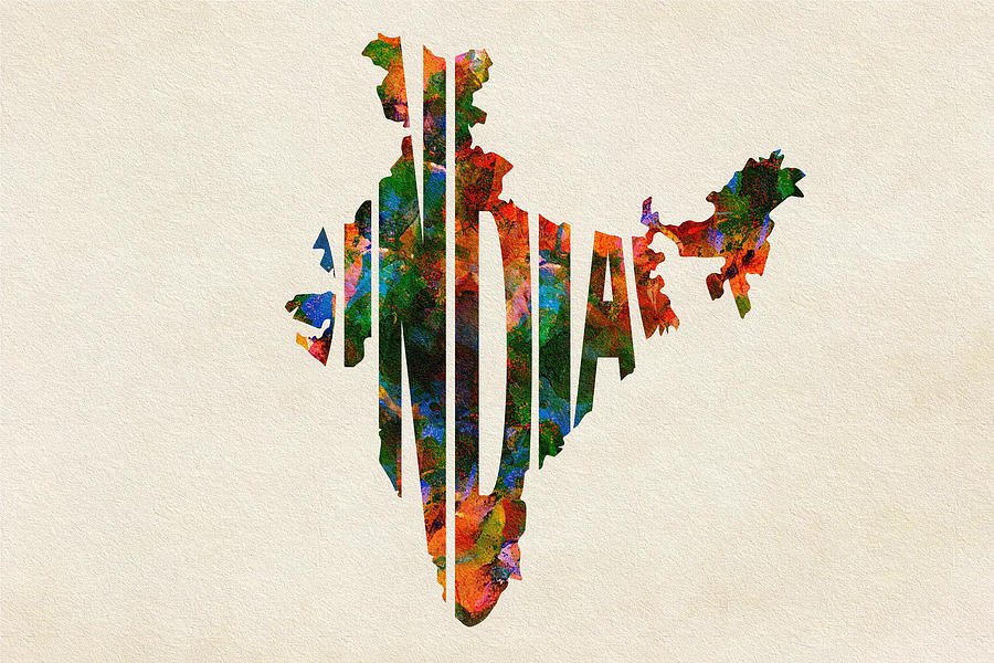 Typography Painting - India Typographic Watercolor Map by Inspirowl Design