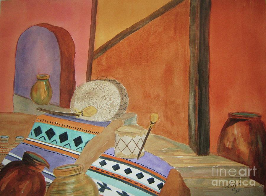 Still Life Painting - Indian Blankets Jars and Drums by Ellen Levinson