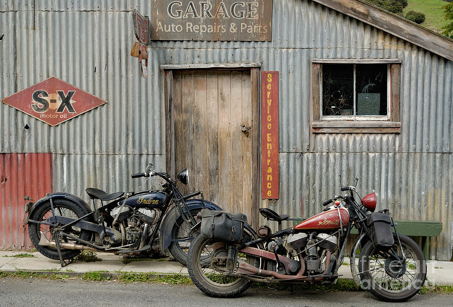 Vintage Photograph - Indian Chout and Chief Bobber at the old Okains Bay Garage by Frank Kletschkus