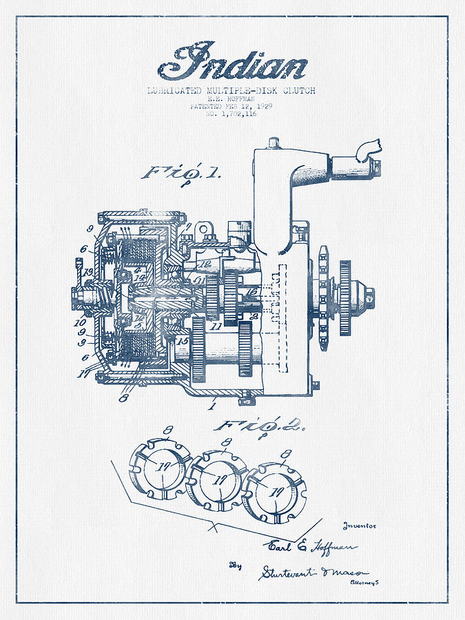 Vintage Digital Art - Indian Disk Clutch Patent Drawing From 1929 - Blue Ink by Aged Pixel
