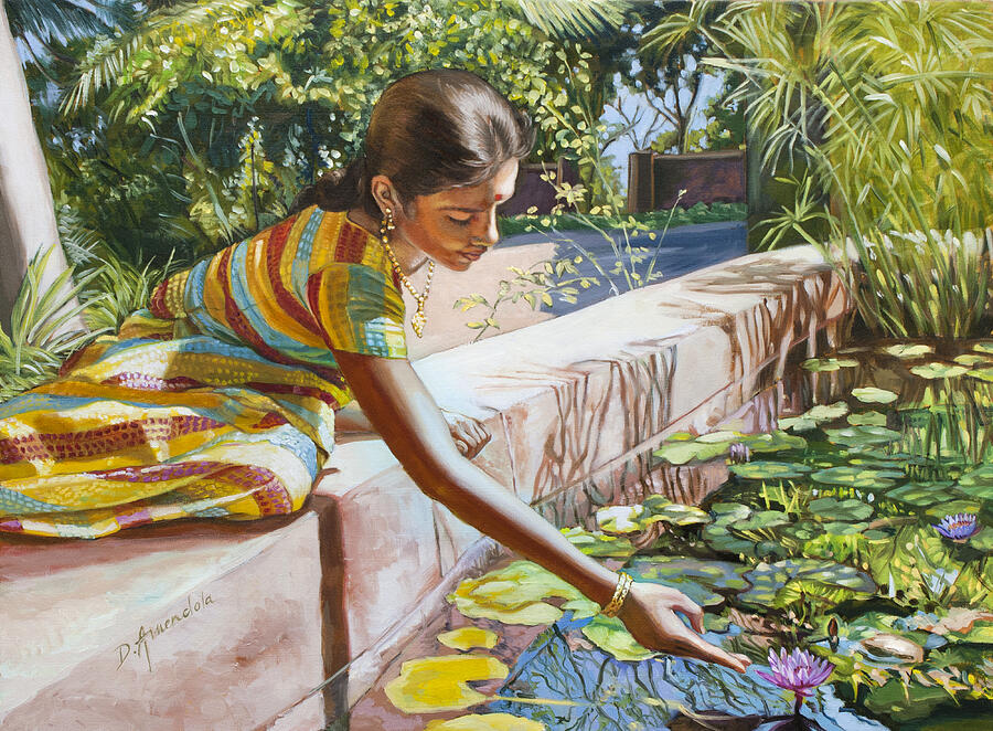 Indian Girl Near The Waterlilies  Painting by Dominique Amendola