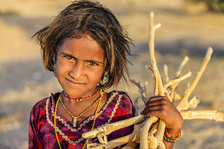 Indian little girl carrying brushwood, desert village, Rajasthan, India. Photograph by Bartosz Hadyniak