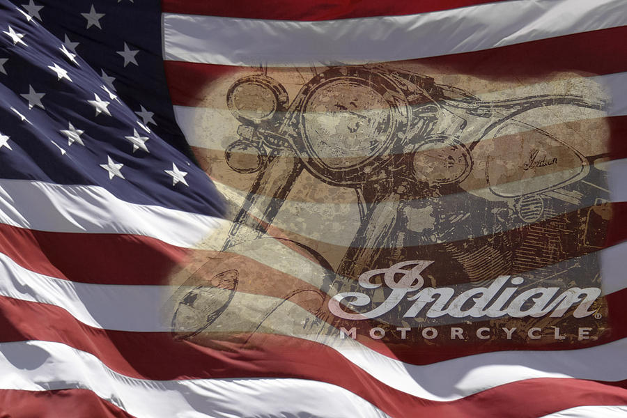 Indian Motorcycle And U.s. Flag Photograph