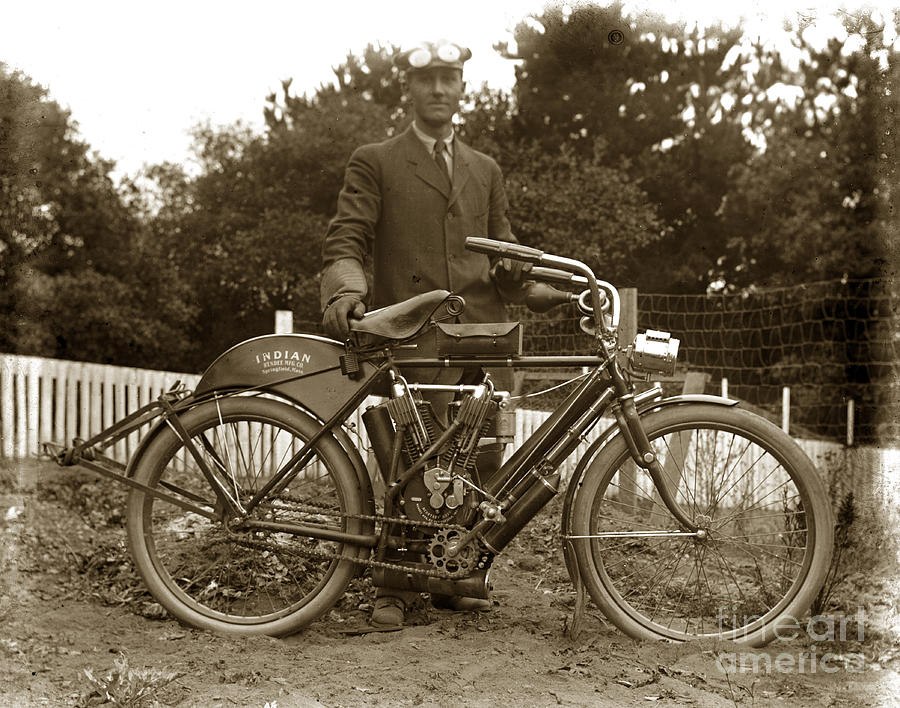 Vintage Photograph - Indian Camelback Motorcycle circa 1908 by Monterey County Historical Society