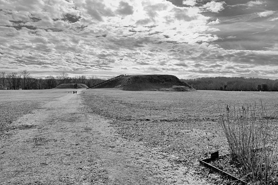 Black And White Photograph - Indian Mounds Beneath A Georgia Prairie Sky In Black And White by James Potts