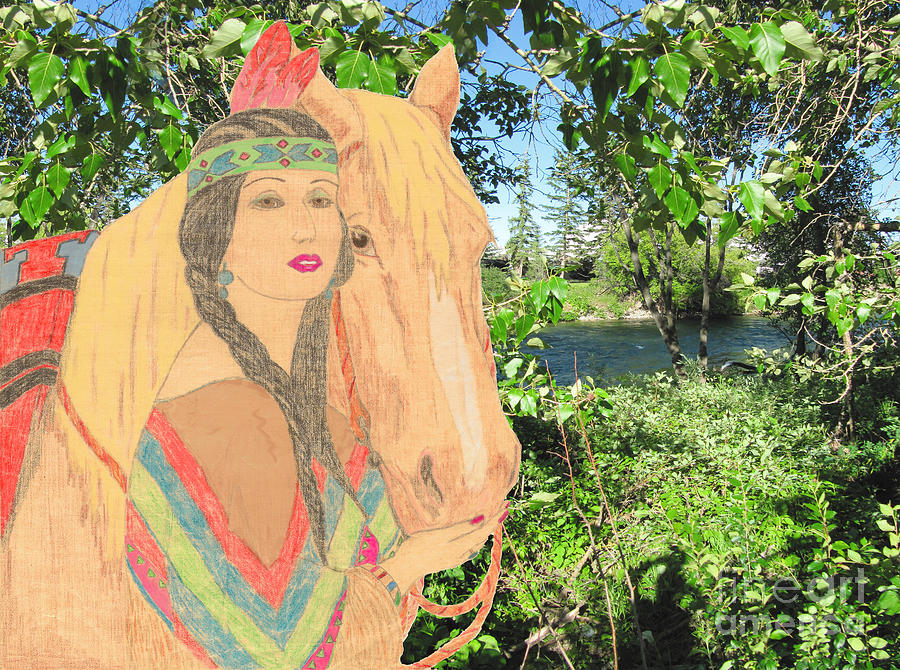Indian Princess and Horse V2 Drawing by Donna L Munro