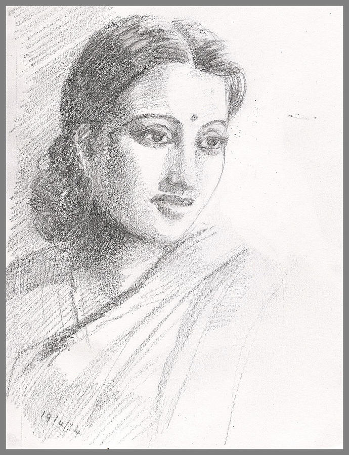 Indian Woman Drawing by Asha Sudhaker Shenoy