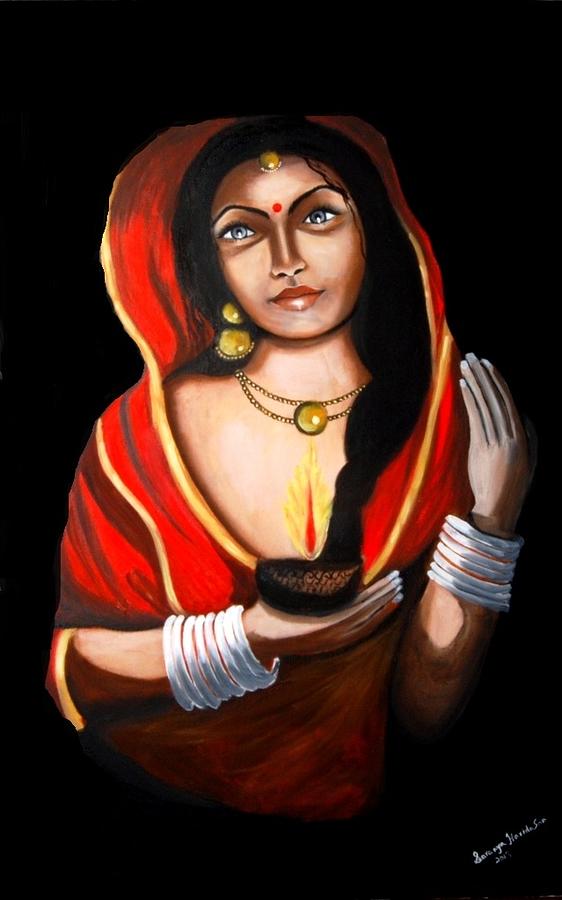 Indian woman with lamp Painting by Saranya Haridasan