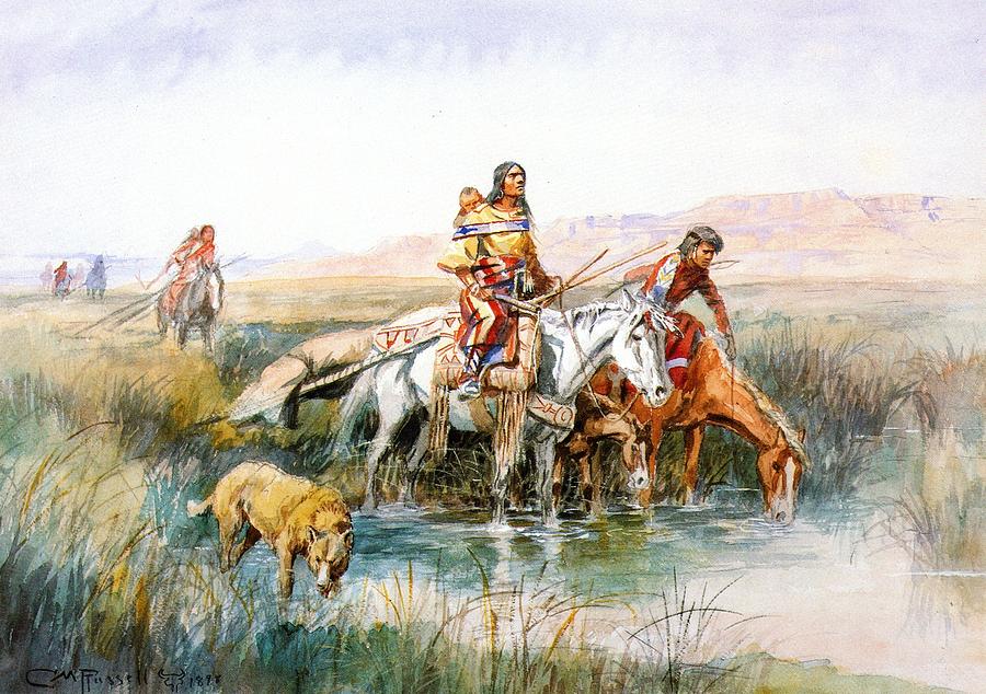 Dog Digital Art - Indian Women Moving Camp by Charles Russell