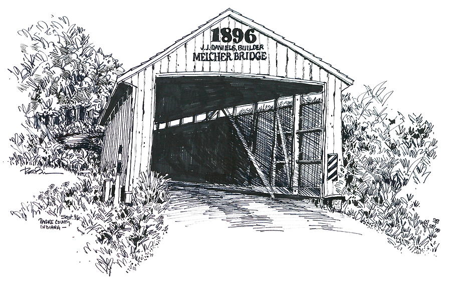 Indiana Covered Bridge 1896 Drawing by Robert Birkenes