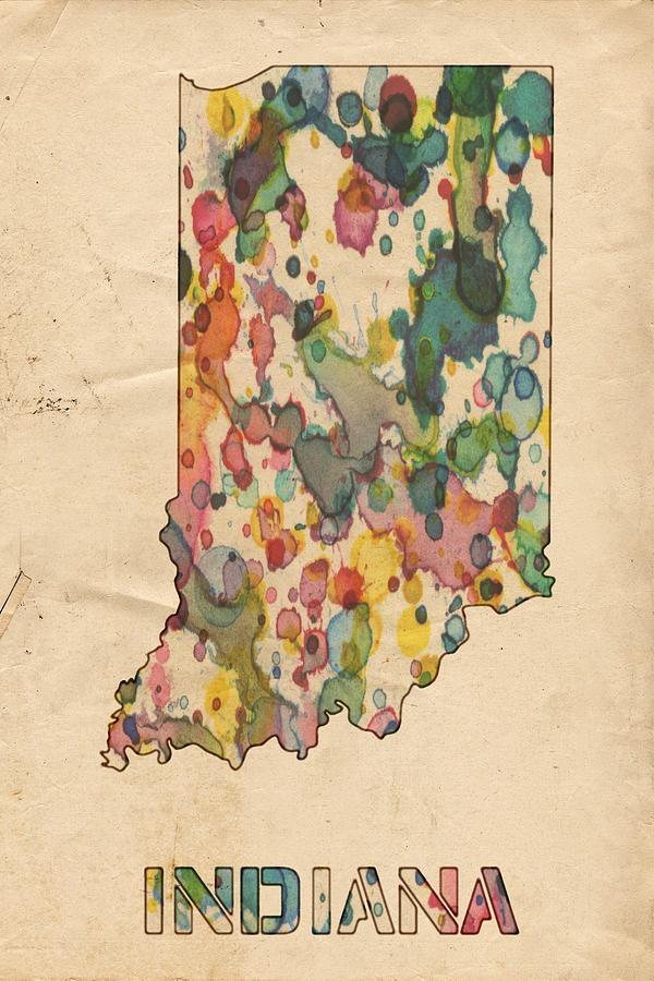 Indiana Map Vintage Watercolor Painting by Florian Rodarte