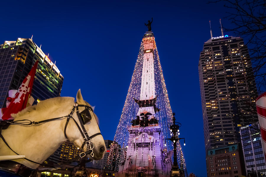 Indiana - Monument Circle with Lights and Horse Photograph by Ron Pate
