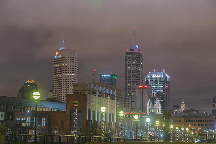 Indianapolis Indiana Night Skyline Foggy 1 Photograph by David Haskett II
