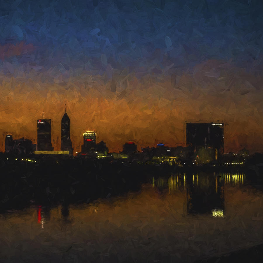 Indianapolis Indiana Skyline Sunrise SQuare Digitally Painted Photograph by David Haskett II