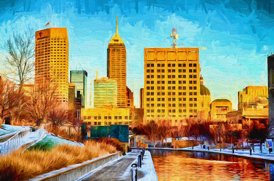 Indianapolis Skyline Canal View Digital Painting Photograph by David Haskett II