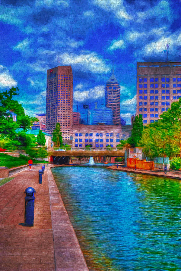 Indianapolis Skyline Canal View Digitally Painted Blue Photograph by David Haskett II