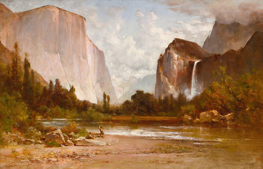 Indians Fishing in Yosemite Painting by Thomas Hill
