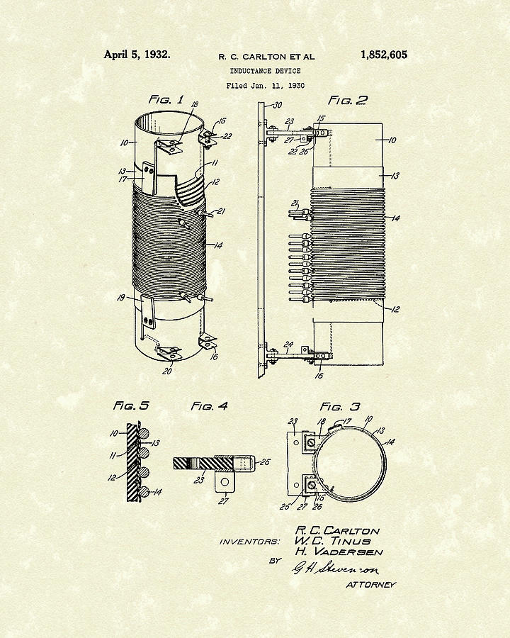 Inductor 1932 Patent Art Drawing by Prior Art Design