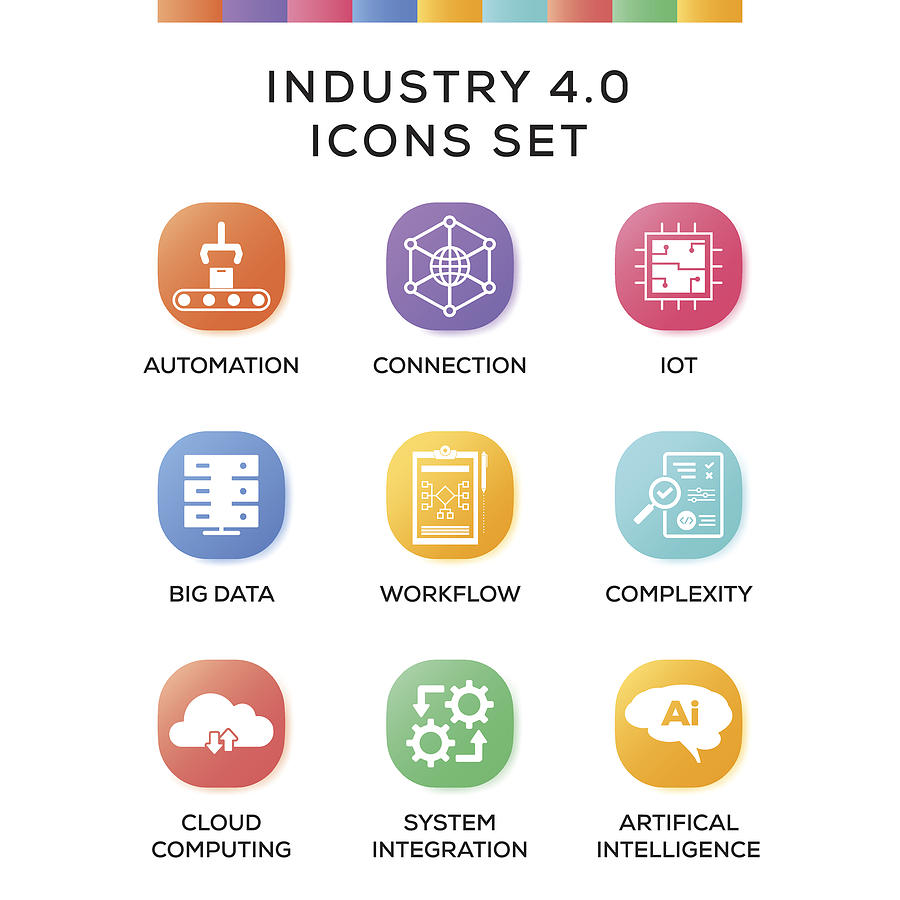 Industry 4.0 Icons Set on Gradient Background Drawing by Cnythzl
