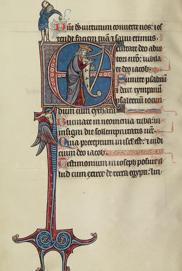 Initial Drawing - Initial E David Playing The Harp And A Man Heaving A Rock by Litz Collection