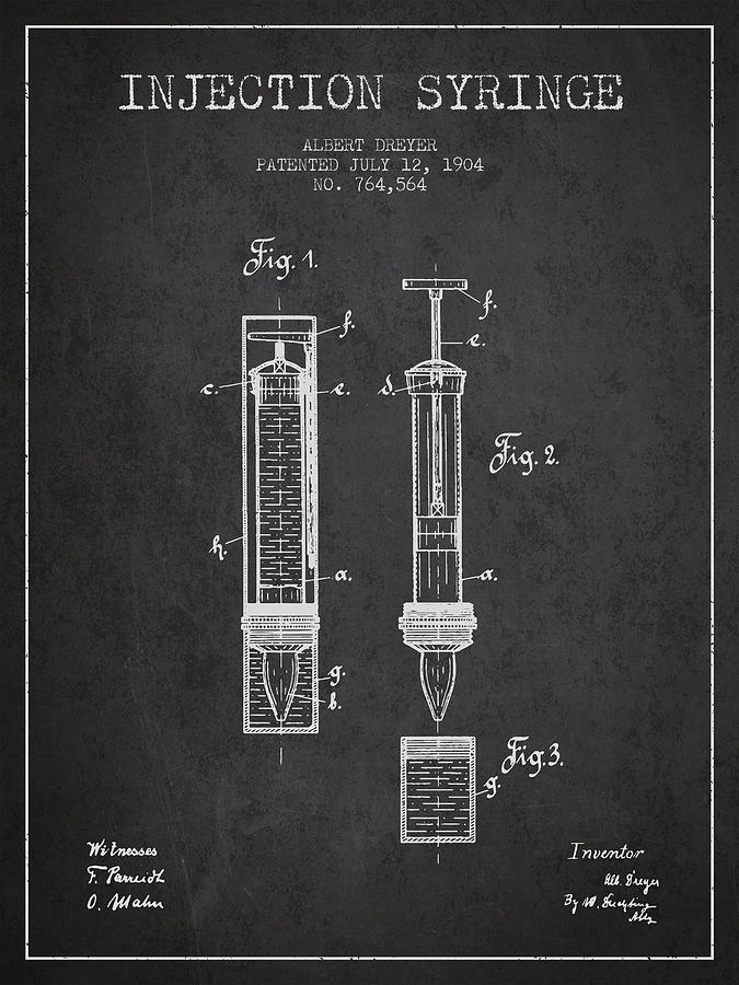 Vintage Digital Art - Injection Syringe patent from 1904 - Dark by Aged Pixel
