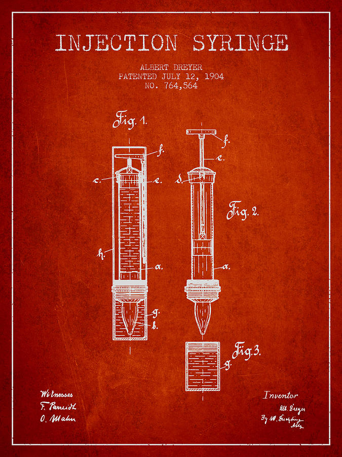 Vintage Digital Art - Injection Syringe patent from 1904 - Red by Aged Pixel