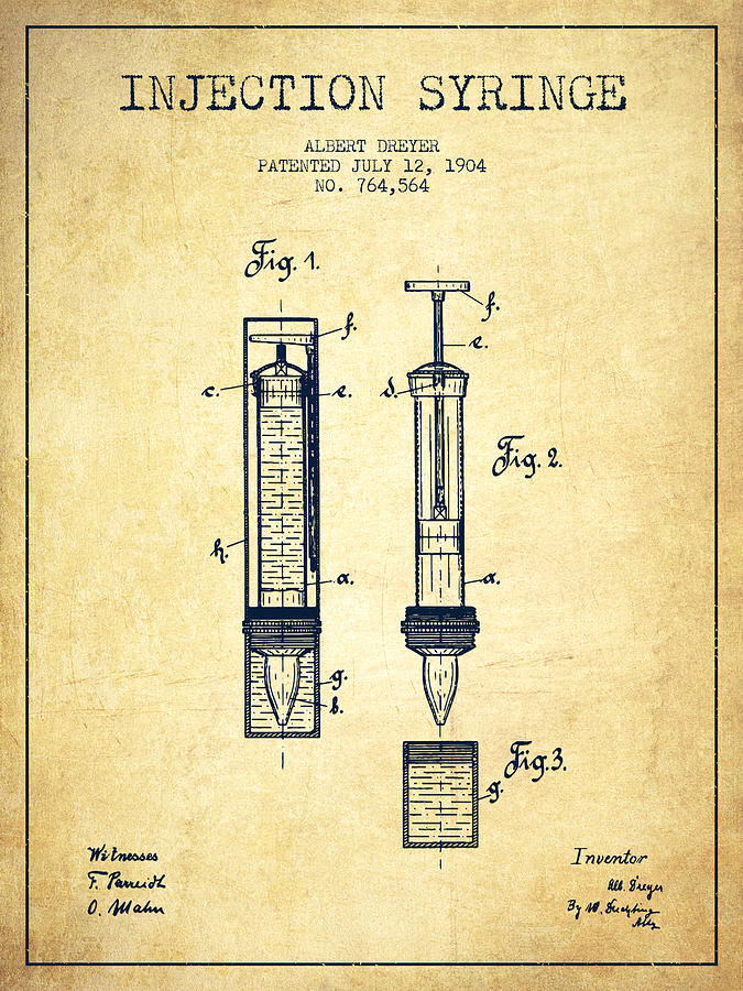 Vintage Digital Art - Injection Syringe patent from 1904 - Vintage by Aged Pixel