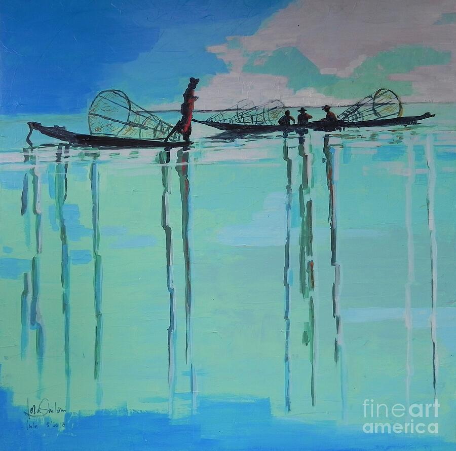 Inle Lake by Jolanta Shiloni  Painting by Jolanta Shiloni