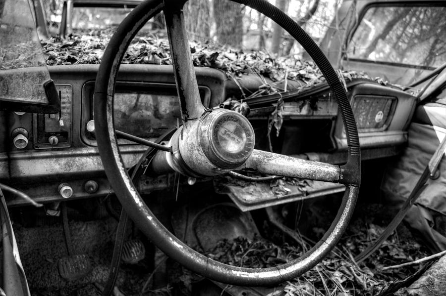 Jeep Photograph - Inside An Old Jeep in Black and White by Greg and Chrystal Mimbs