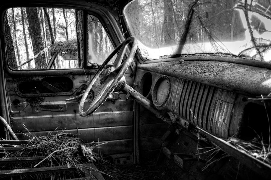 Inside An Old Truck in Black and White Photograph by Greg and Chrystal Mimbs