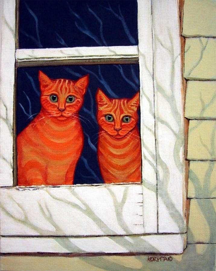 Orange Cats Looking Out Window Painting by Rebecca Korpita