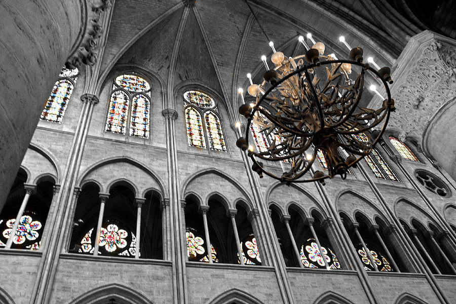 Inside Notre Dame Chandelier and Stain Glass Windows Photograph by Denise Dube