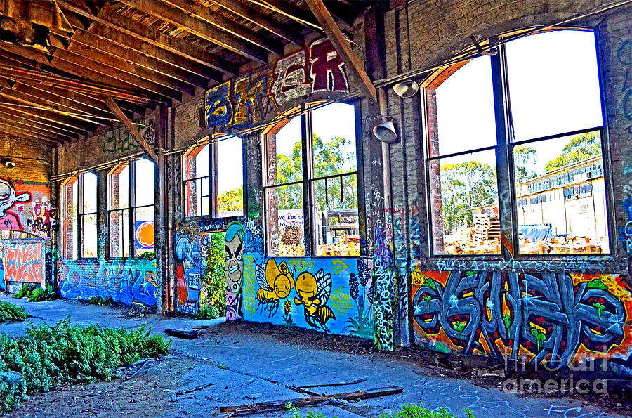 San Francisco Photograph - Inside The Old Train Roundhouse at Bayshore near San Francisco and the Cow Palace Altered II by Jim Fitzpatrick