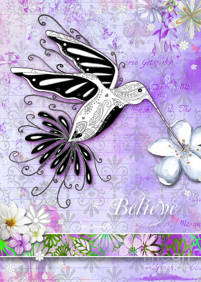 Inspirational Hummingbird Purple Flowers Paisley Pattern Believe by Megan Duncanson Painting by Megan Aroon