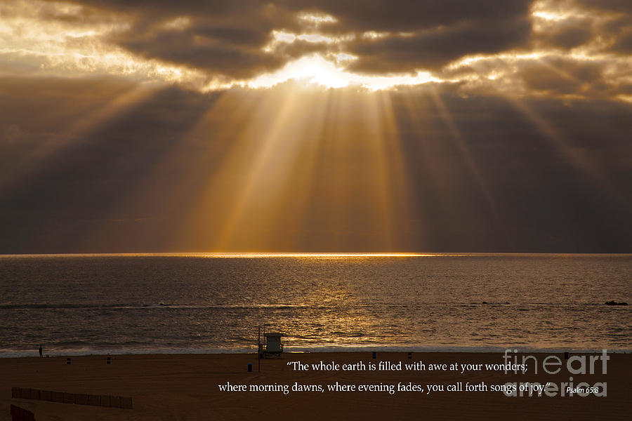 Sunset Photograph - Inspirational Sun Rays Over Calm Ocean Clouds Bible Verse Photograph by Jerry Cowart