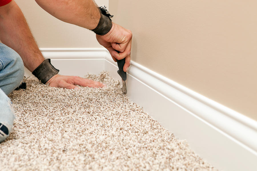 Installer Using Carpet Knife to Tuck New Floor Photograph by BanksPhotos