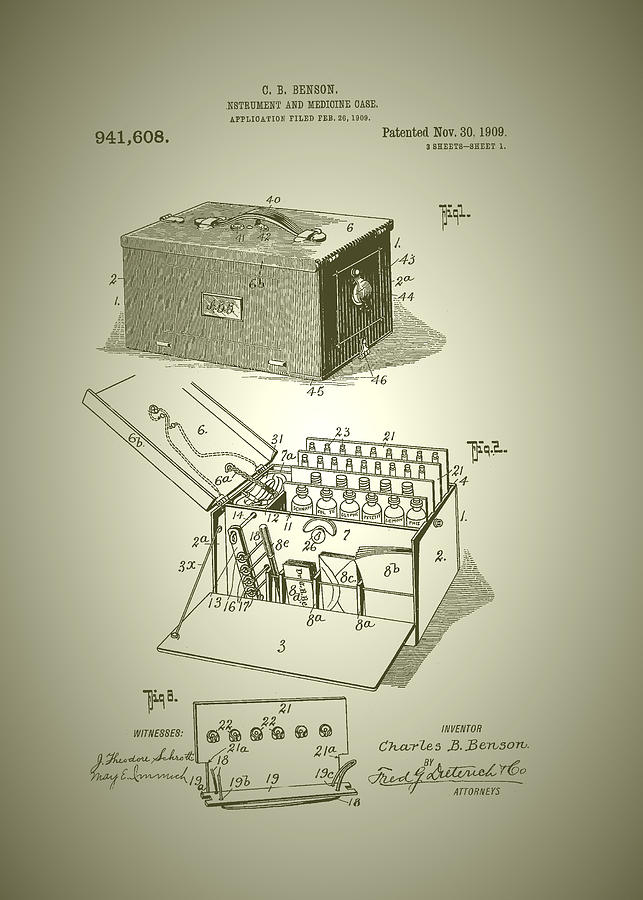 Vintage Drawing - Instrument and Medicine Case Patent 1909  by Mountain Dreams